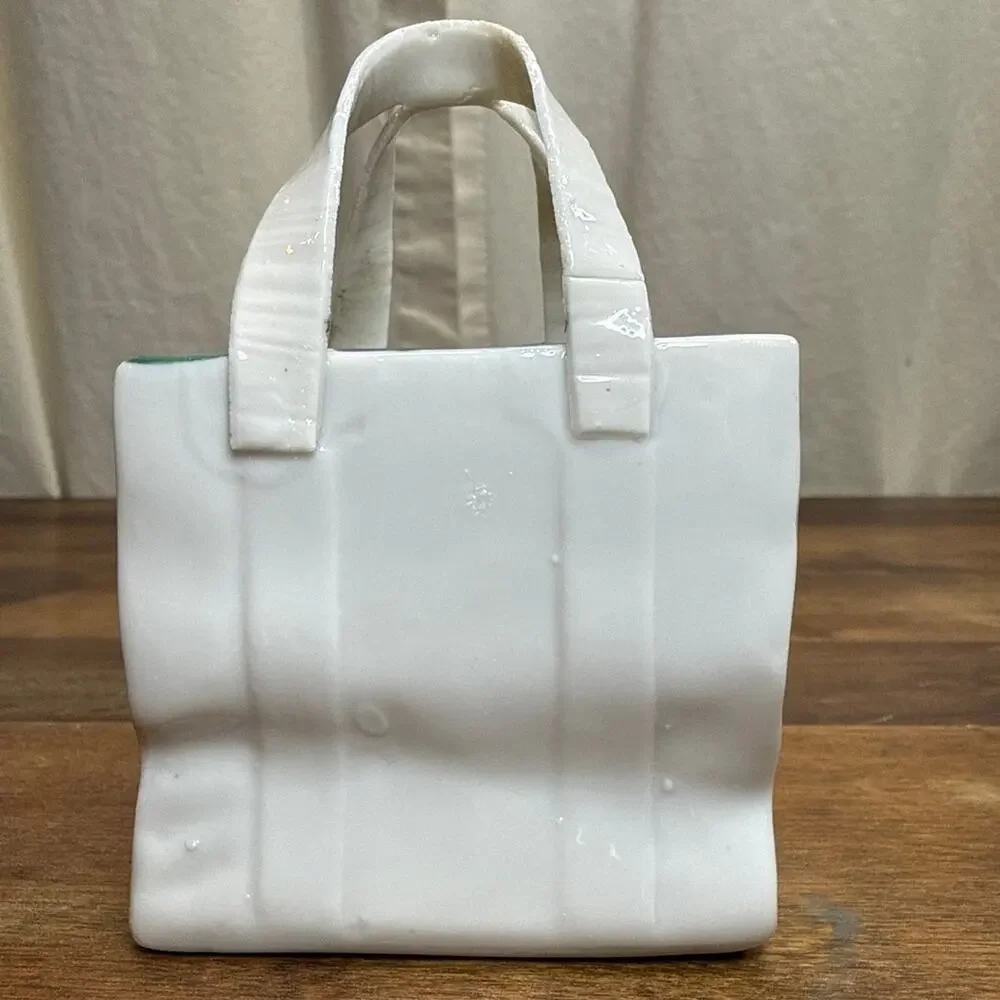Handmade Porcelain Vintage Applied Flower Purse Bag Shaped Vase Catchall Décor